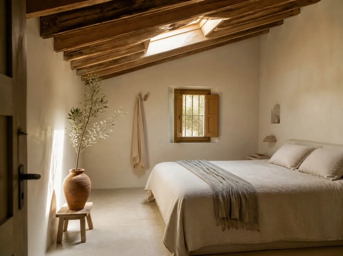 Habitación Luz — Purissima House, Benissa Habitación Luz en Purissima House: bajo cubierta, tragaluz proyectando un haz cálido sobre la cama, vasija de barro con olivo