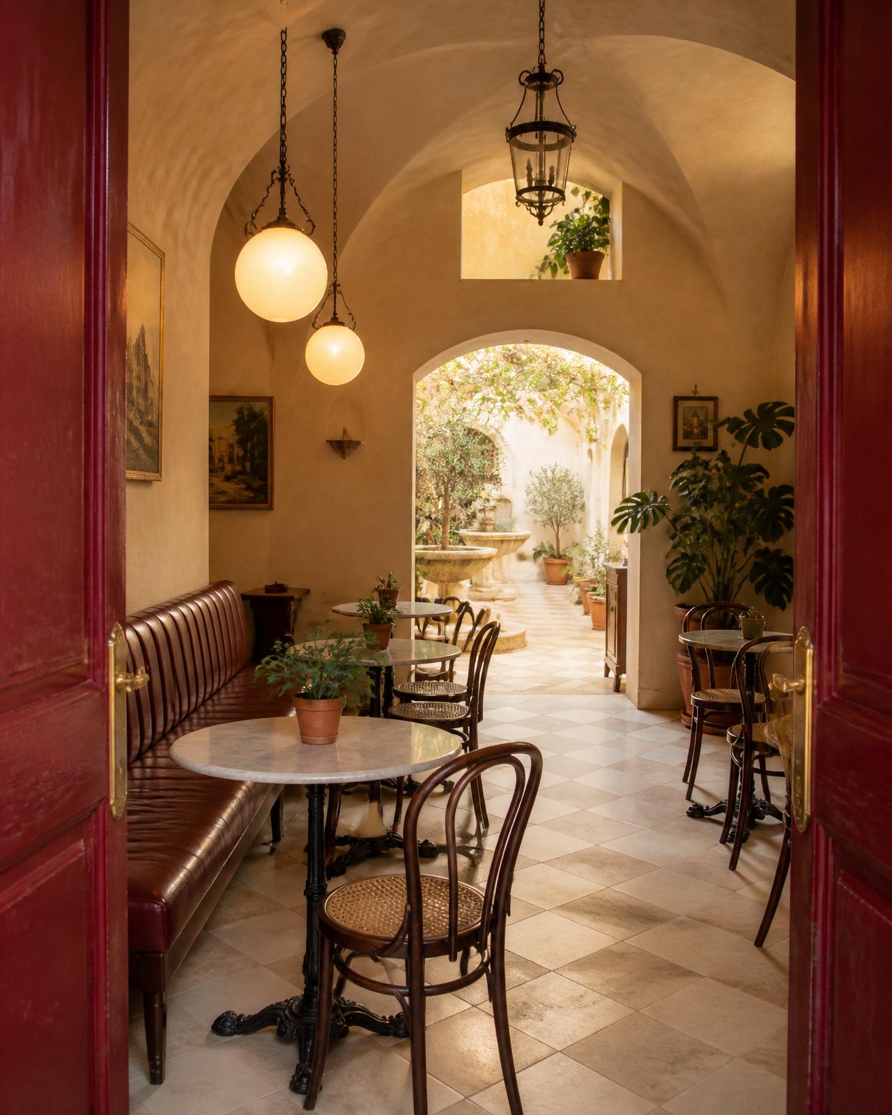 Xiqueta Café, planta baja Xiqueta Café en la planta baja de Purissima House: mesas de mármol, sillas Thonet y un arco al fondo que abre al patio interior mediterráneo