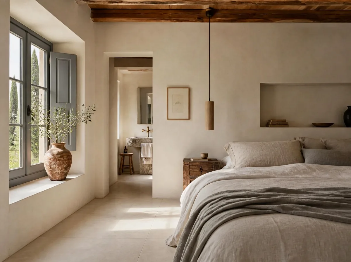 Habitación Cal — Purissima House, Benissa Habitación Cal en Purissima House: cal blanca templada, vigas de madera natural, suelo de piedra clara y vasija de barro