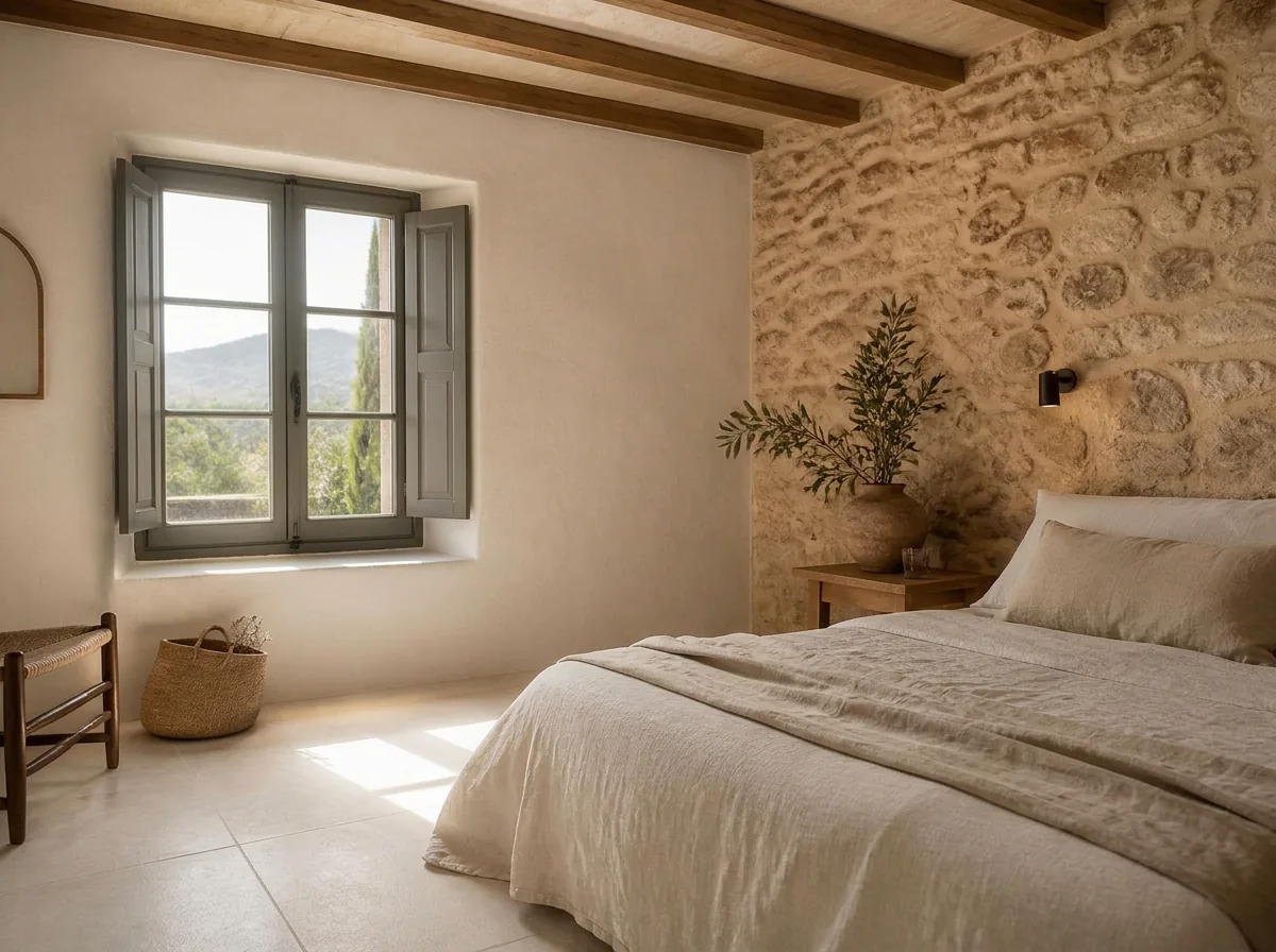 Habitación Piedra — Purissima House, Benissa Habitación Piedra en Purissima House: pared de piedra vista, vigas de madera, textiles de lino natural y ventana en gris cálido