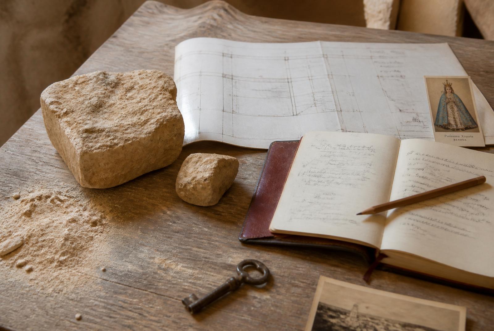 Detalle editorial de la restauración de Purissima House: una llave antigua de hierro forjado, fragmentos de baldosa hidráulica pintada a mano y un cuaderno con bocetos de arcos