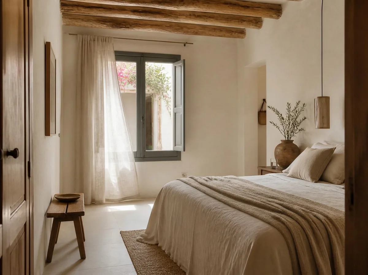 Habitación Brisa en Purissima House: cortina de lino ondulando frente a una ventana gris cálido abierta al patio con buganvilla