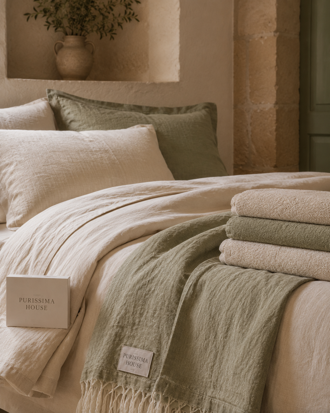 Manta de lino verde olivo Purissima House con flecos y etiqueta bordada extendida sobre cama vestida con lino crema