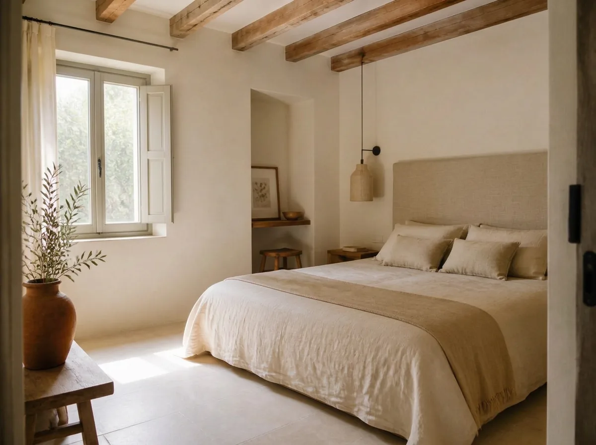 Habitación Oliva — Purissima House, Benissa Habitación Oliva en Purissima House: cabecero de lino color arena, vigas de madera, cortina color marfil y vasija de barro con olivo