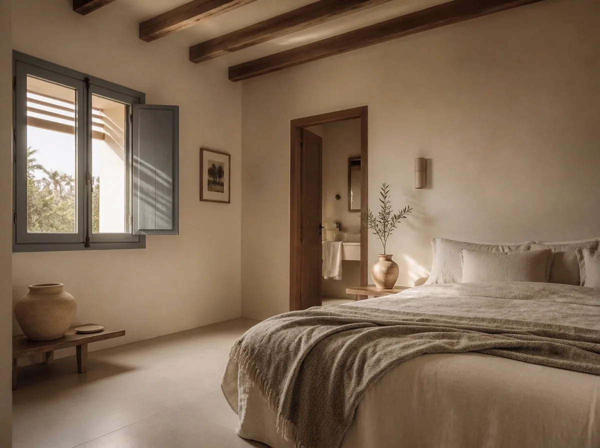Habitación Alba — Purissima House, Benissa Habitación Alba en Purissima House: luz de amanecer entrando por una ventana gris cálido, vigas naturales, cama de lino crema y manta color piedra