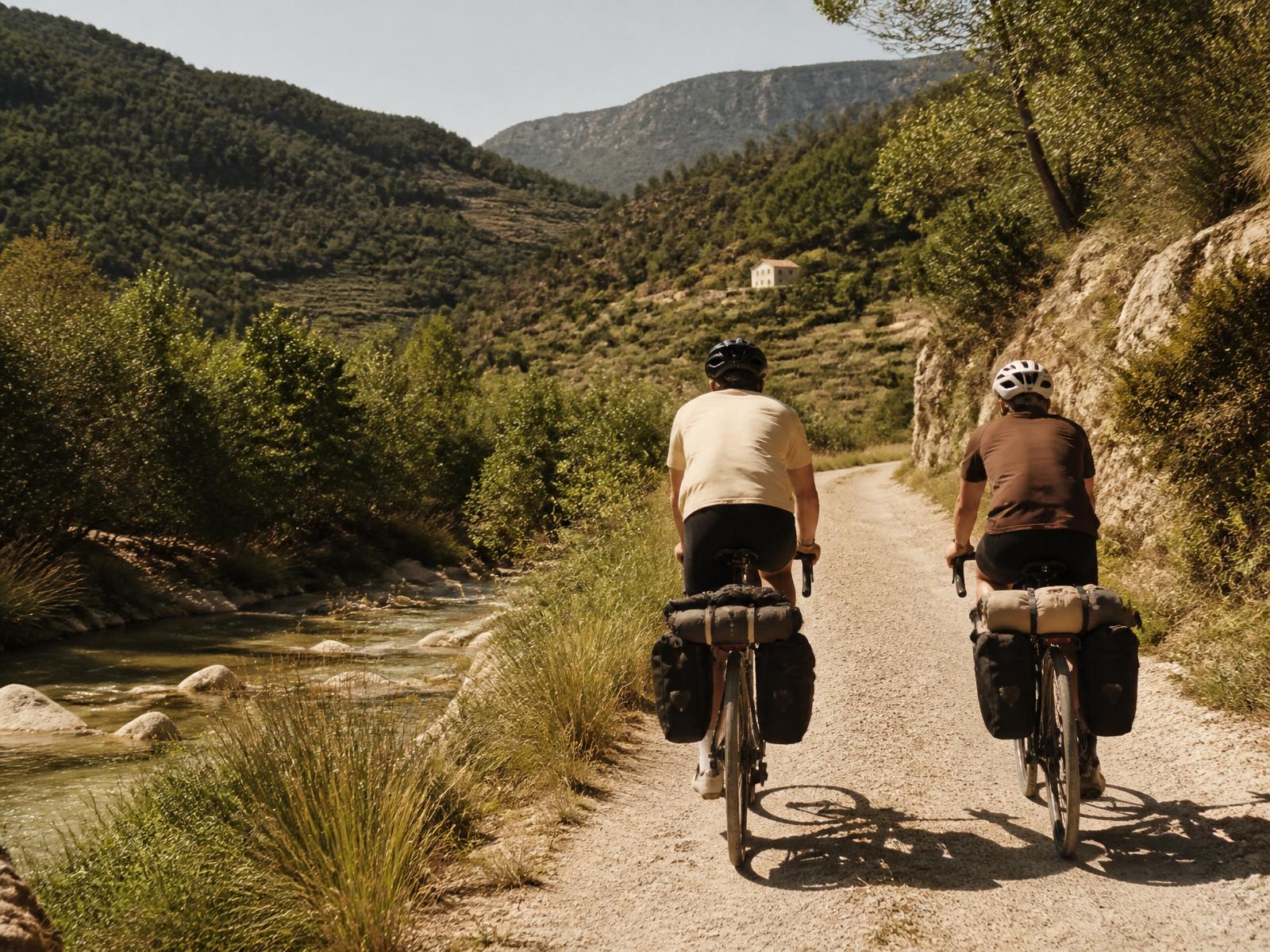 Dos ciclistas rodando por un camino de tierra junto al río, entre viñedos de moscatel