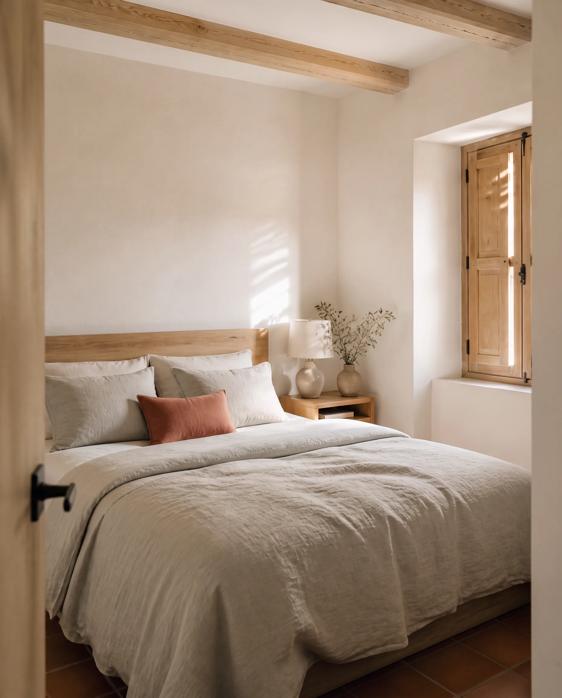 Habitación Lino — Purissima House, Benissa Habitación Lino en Purissima House: sillón grande, estanterías bajas y ropa de cama de lino natural bajo luz mediterránea