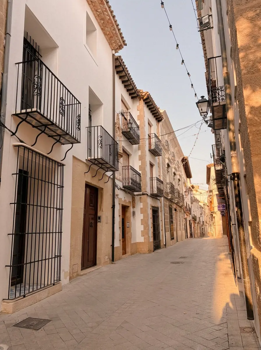 Callejón de Benissa Callejón del casco antiguo de Benissa: fachadas de piedra dorada, balcones de hierro forjado y luz de la tarde