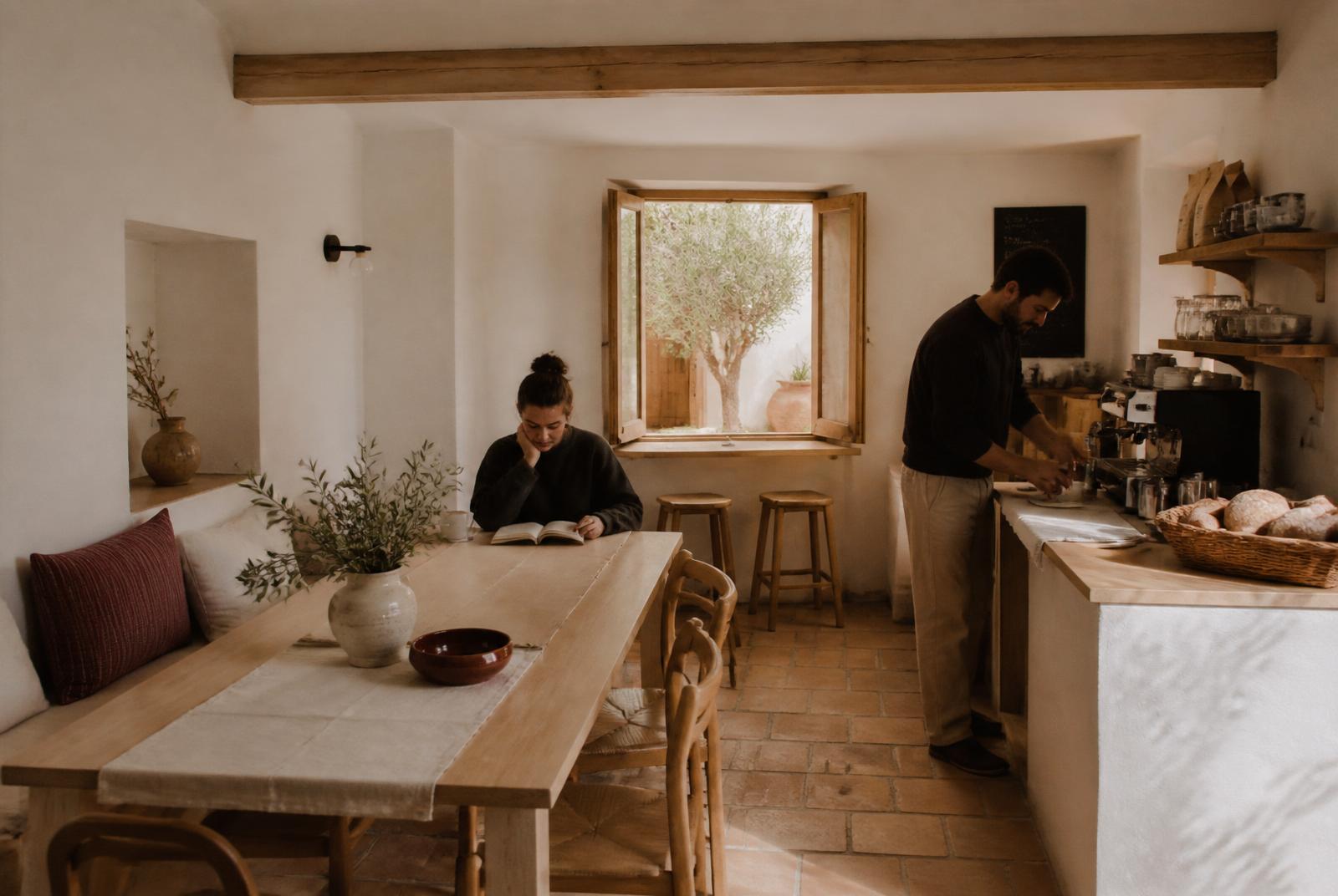 Xiqueta Café en la planta baja de Purissima House: mesa de madera, cortado servido en cerámica artesanal y luz de mañana entrando por la ventana