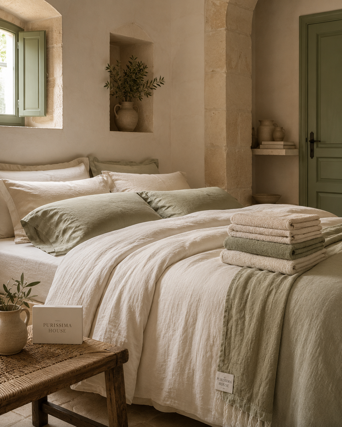 Cama de matrimonio vestida con lino crema y verde oliva de Purissima House en habitación de piedra