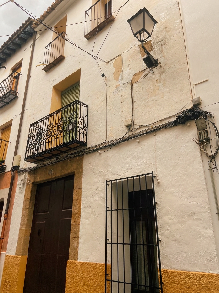 Fachada blanca de Purissima House en la calle Purissima 23 durante la primera visita, con puerta de madera oscura y balcón de forja.